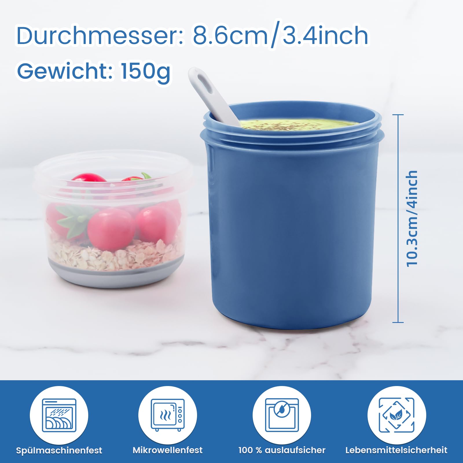 Vaso de Yogur y Cereales para Llevar 2 en 1, Recipiente Práctico con Cuchara, Taza de Yogurt To Go a Prueba de Fugas, Ideal para Picnic, Almuerzo y Ensalada (Azul)