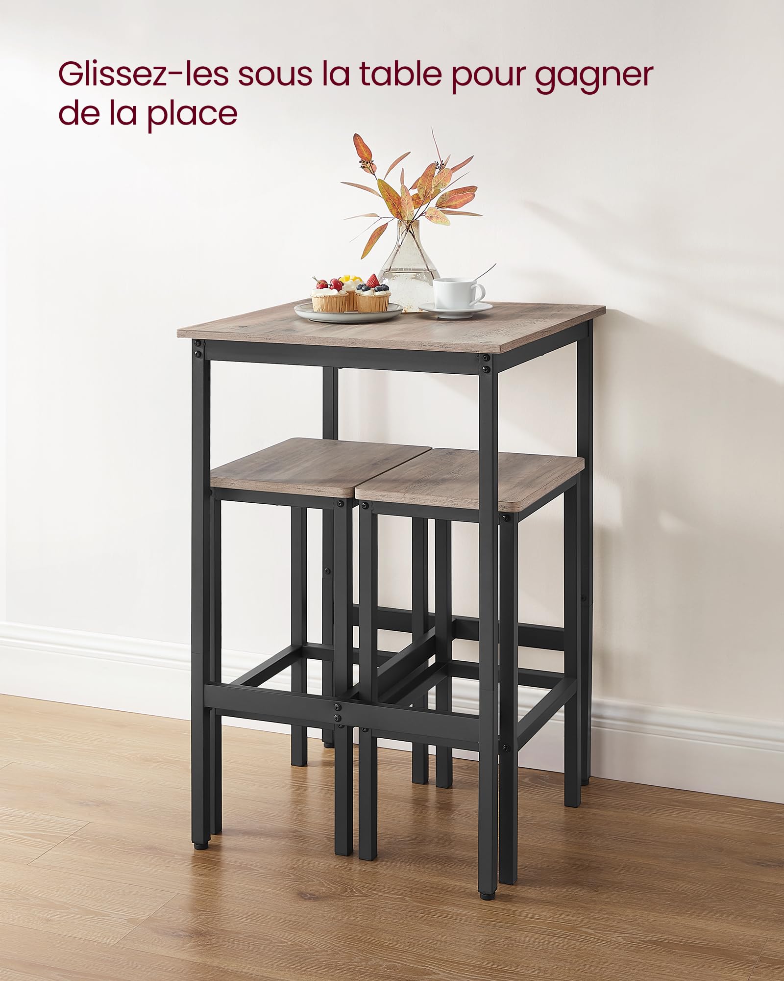 VASAGLE Ensemble Table de Bar avec Tabourets, Table à Manger avec 2 Chaises, Petite Table de Cuisine, Chaises de Bar, pour Salle à Manger, Cuisine, Grège Chiné et Noir d'encre LBT017B02
