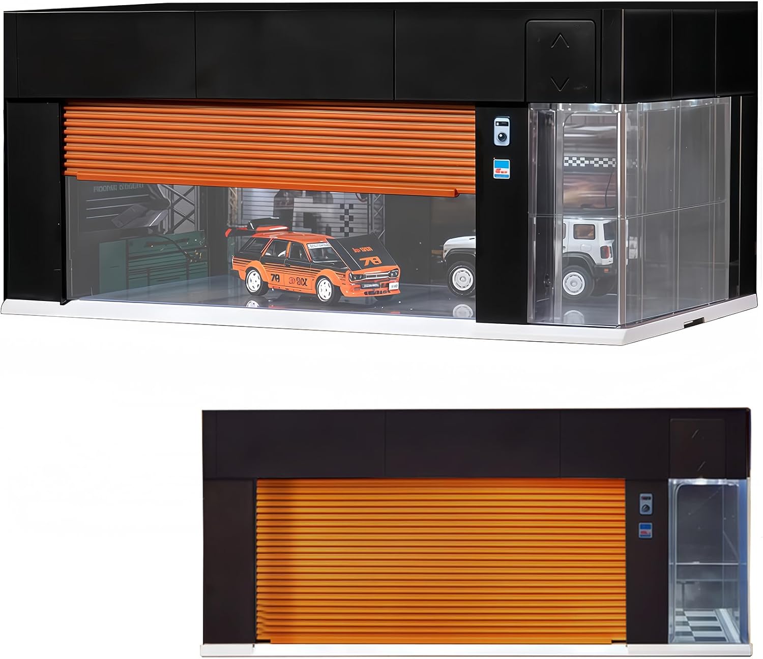 Storage for Hot Wheels 1/64 Scale Toy Car Display Case Stackable Parking Garage with Lights and Electric Voice-Control 3 Replaceable 3D Scene Dioramas (Brown)