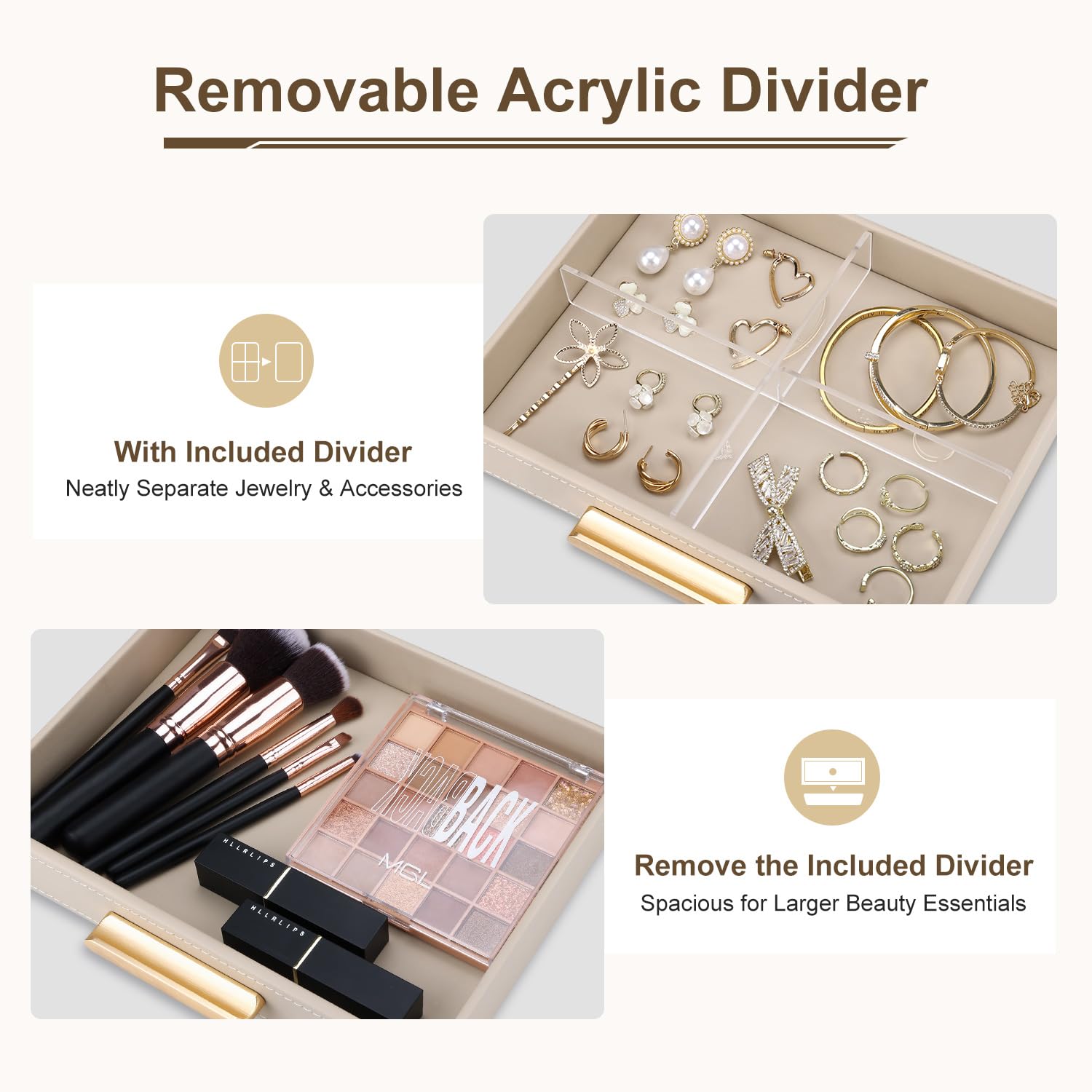 GORESE Taschenleerer, Leder Valet Tablett mit Schublade Nachttisch Ablageschale Schmuckaufbewahrung Dekotablett Schreibtisch Aufbewahrungsbox für Schmuck,Kosmetik,Schlüssel,Schreibwaren(Beige)