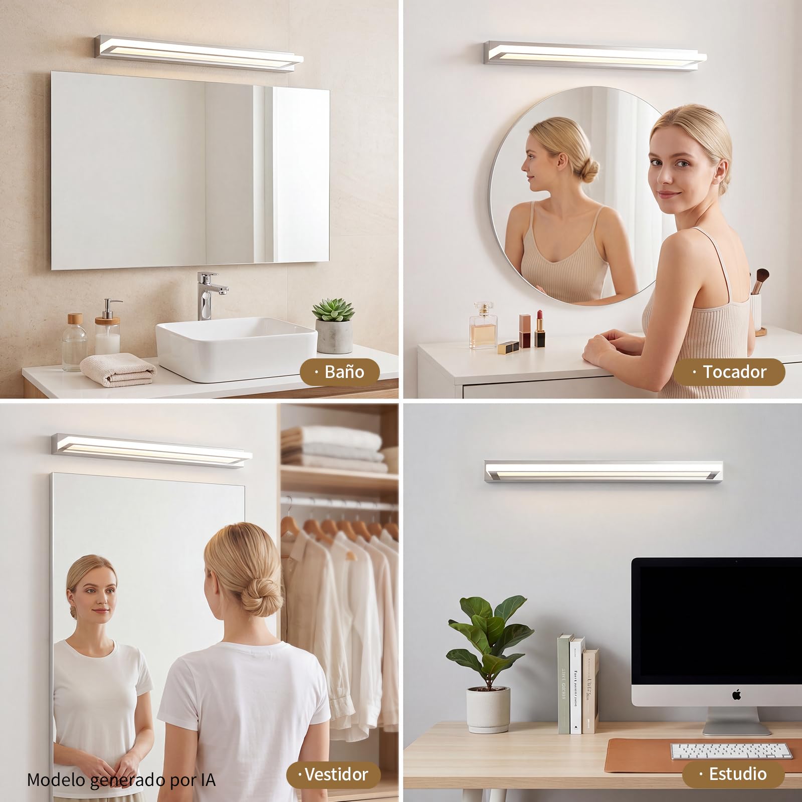 Aplique Espejo Baño 62CM, Lámpara de Baño Blanco Natural 4000K, Luz de Espejo LED 13W, Lámpara LED de Pared Moderno IP44