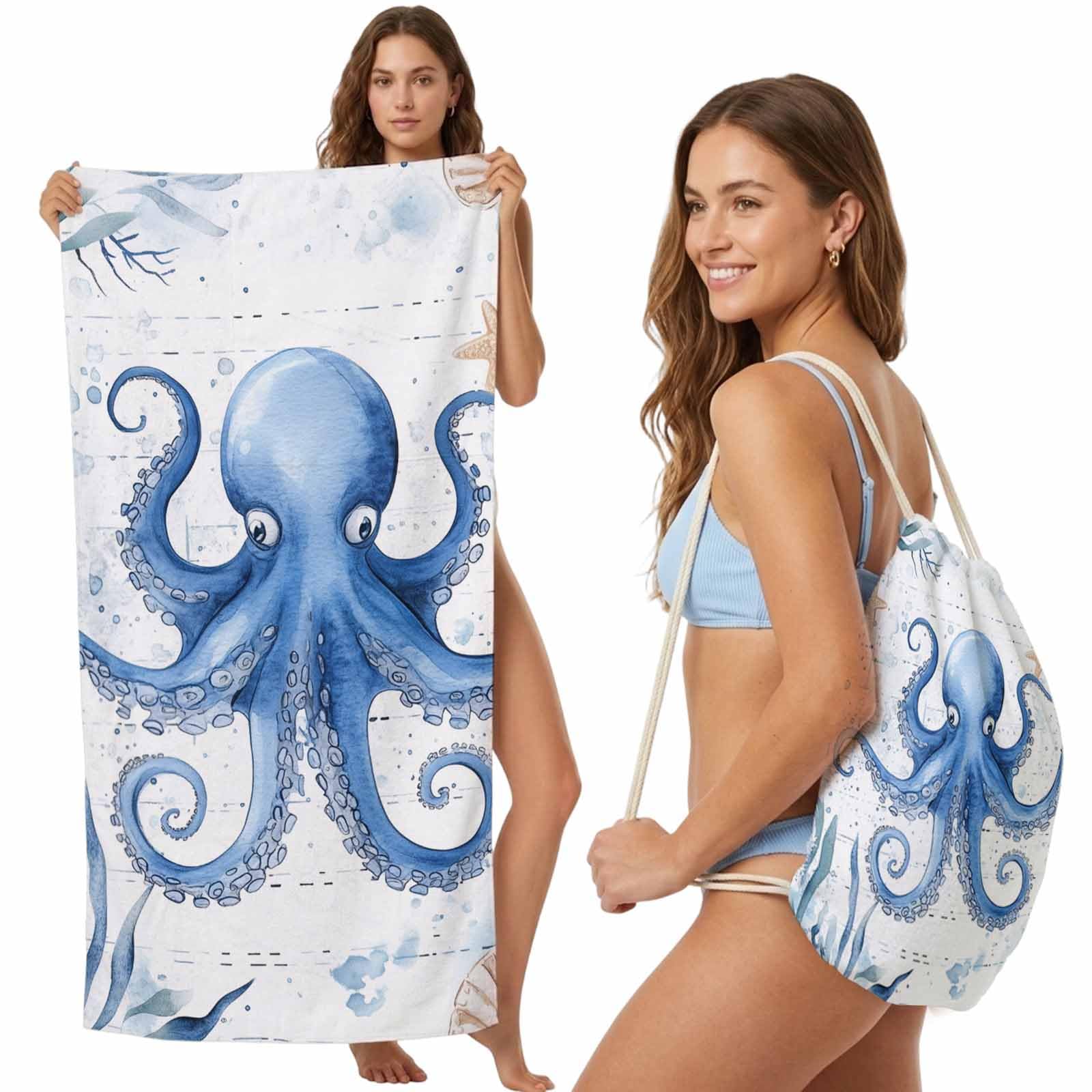 Beach Towel Backpack Convertible Ocean Blue Octopus Seaweed Sand Free Quick Dry Towel Bag Shell Starfish Beach Towel with Adjustable Straps for Travel Swimming Pool Beach Accessories 31.5x63in