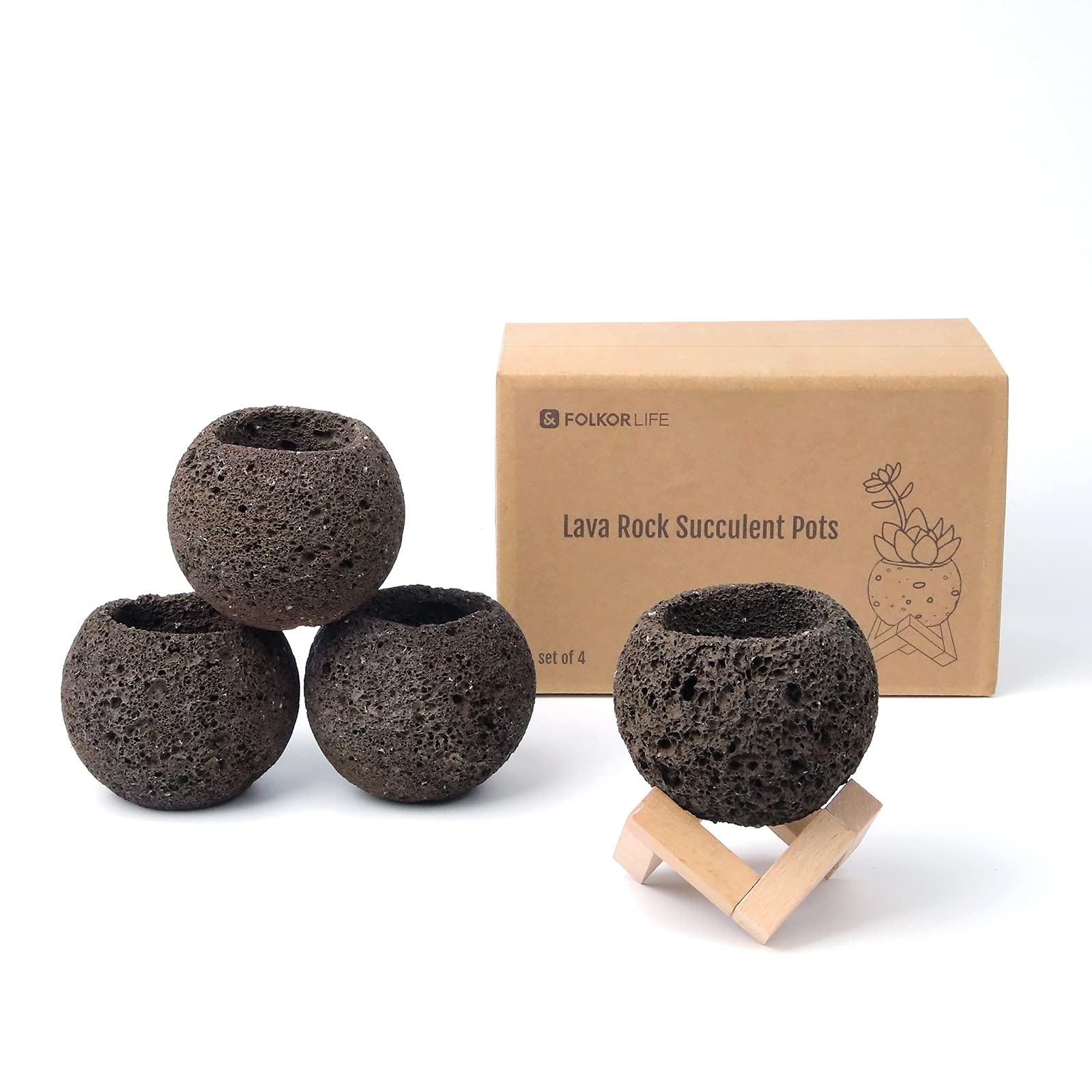 Natural Lava Stone Succulent Pots Set of 4, 2.15-2.5in Mini Succulents Planter for Cactus, Herbs, Aloe, Good Drainage Volcano Rock Plant Pot With Stand for Home Indoor Outdoor Decor Housewarming Gift