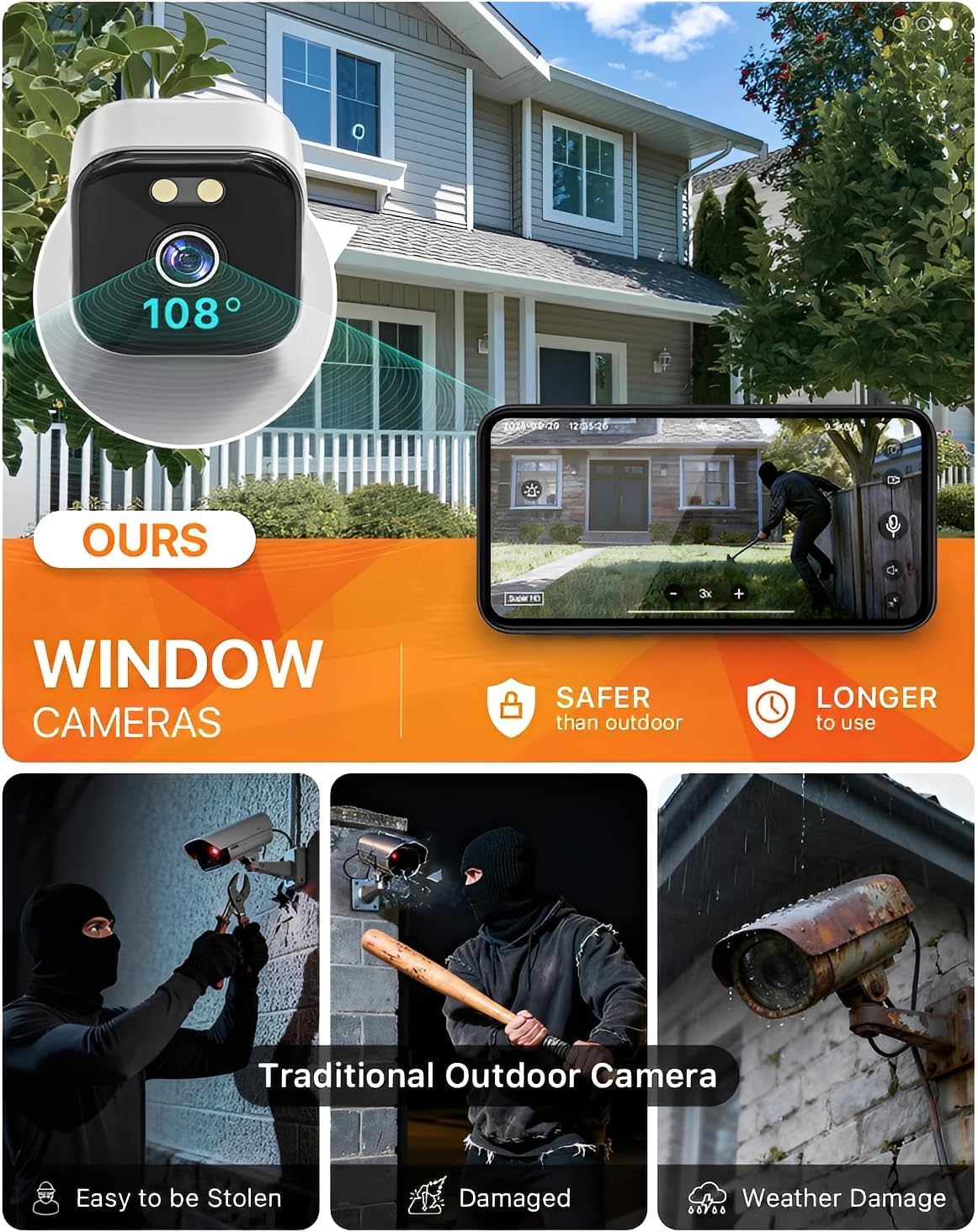Caméra de Surveillance WiFi Intérieure 2K 3MP, Caméra Fenêtre Anti-Reflet IA, Vision Nocturne Couleur, Détection Mouvement PIR, 2.4G/5G Enregistrement 24/7, Compatible Alexa Installation sans Perçage