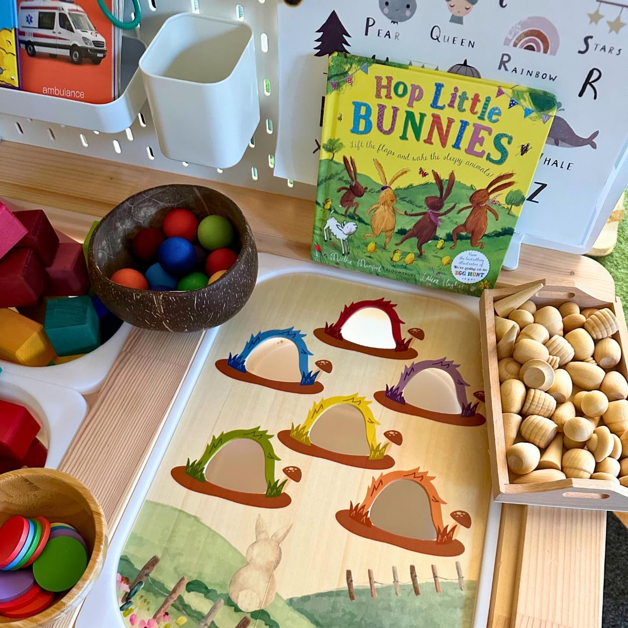 Flisat Sensory Table Inserts, Fits IKEA Flisat Table Trofast Tubs, 12 Wooden Sticks + 12 Coins + 2 Inserts (Large Bunny for Color Sorting and Small Porcupine for Peg Posting)