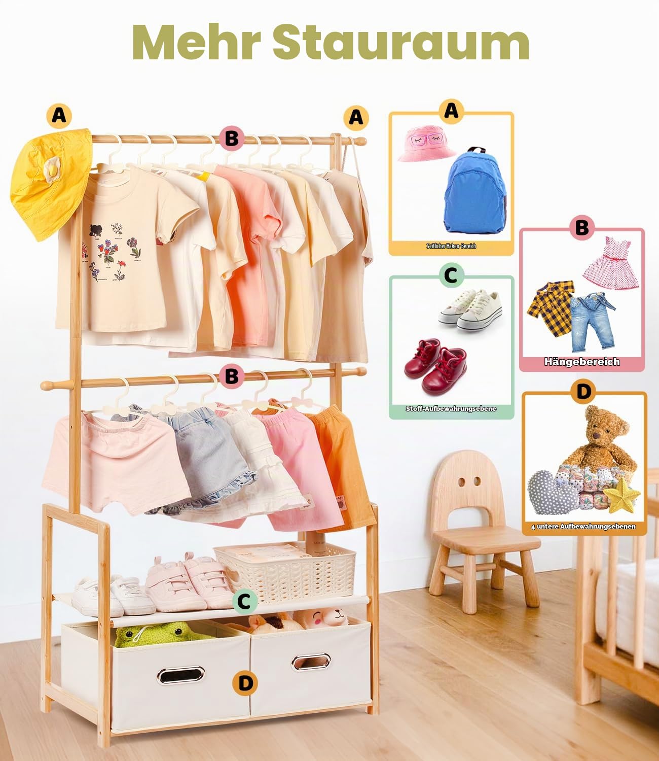Bambus Kinder Kleiderständer, mit 2 Aufbewahrungskiste und 2 Verstellbaren Hängestangen, Kleiderstange & Ablage, Kinderzimmer, Kindergarderobe, für Baby Mädchen Jungs (Naturfarbe)