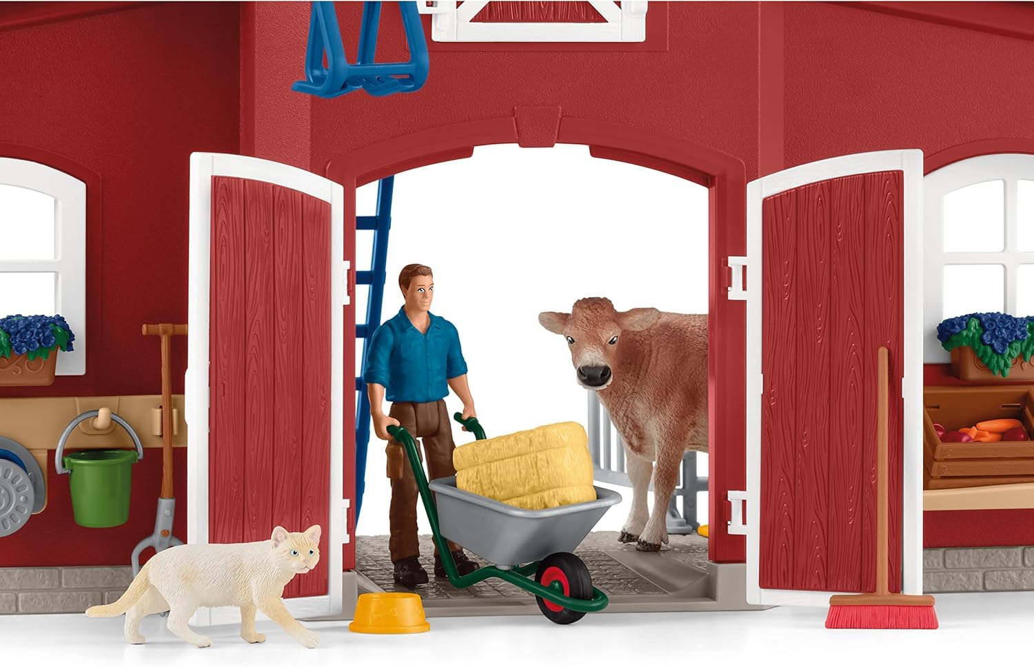 schleich FARM WORLD | Duża czerwona farma z domem wiejskim 42606 | Zestaw z domem, rolnikiem, krową, świnią, kotem, myszą i akcesoriami | realistyczna zabawka farma dla dzieci od 3 lat | 92 elementy