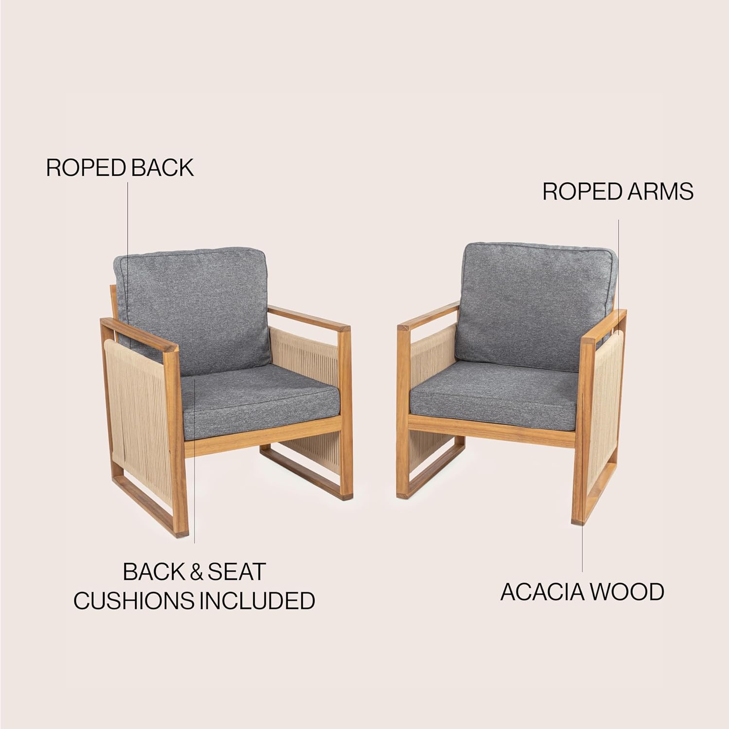 JONATHAN Y Gable Teak Brown Modern Acacia Wood Outdoor Patio Armchair Set of 2 for Porch, Sunroom, and Patio, Woven Rope and Gray Cushions SFC1000B-SET2