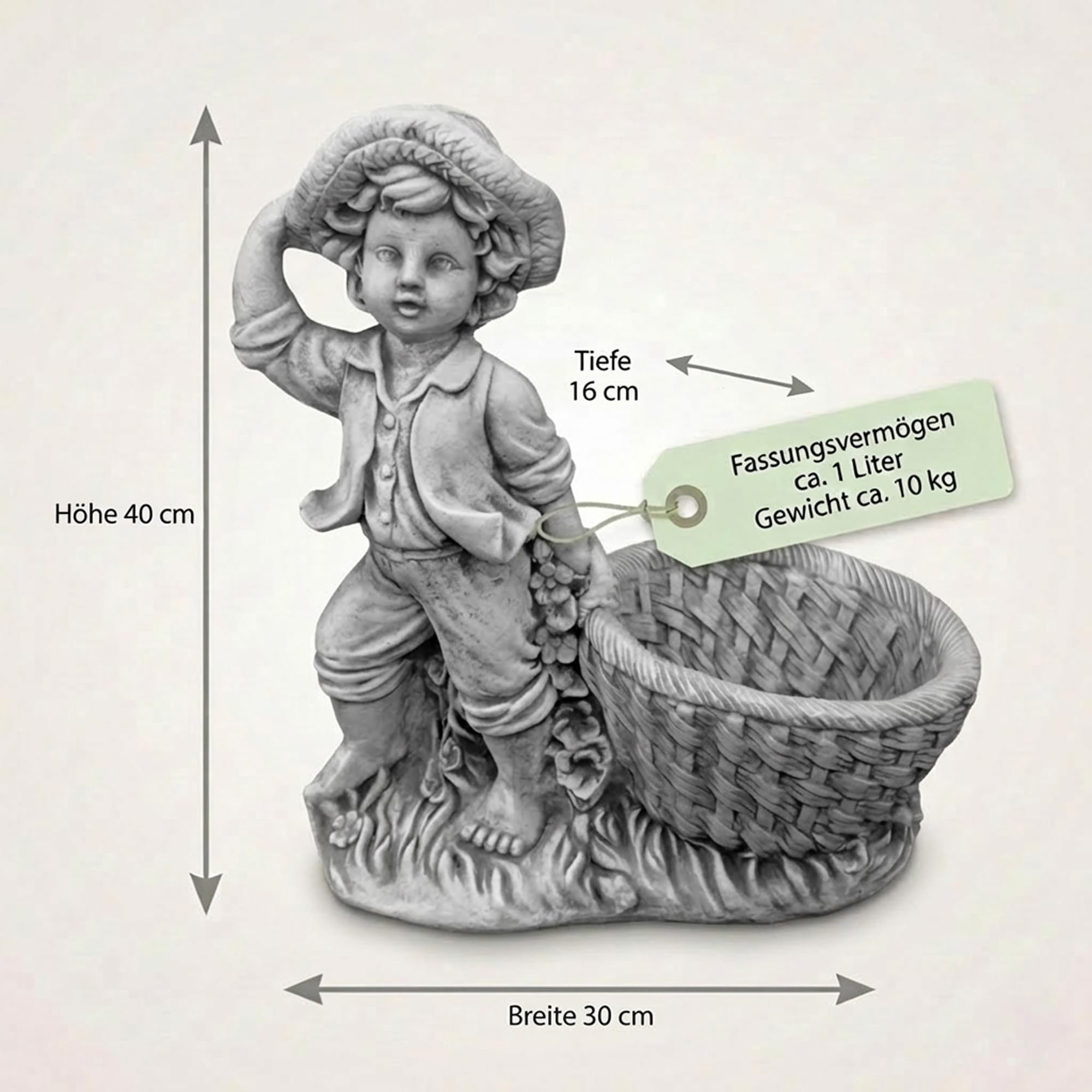 gartendekoparadies.de Figurine garçon en Pierre Solide avec jardinière, Hauteur 39 cm, 1 Litre, Gris, Poids 10 kg, en Pierre moulée résistante au Gel