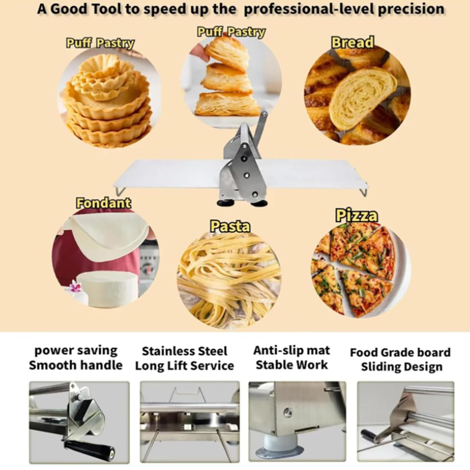 Manuelle Pizzateigpresse aus Edelstahl, verstellbare Dicke, Teigschneider für Bäckerei, faltbarer Teigroller für perfekte Pizzakrusten und Gebäck