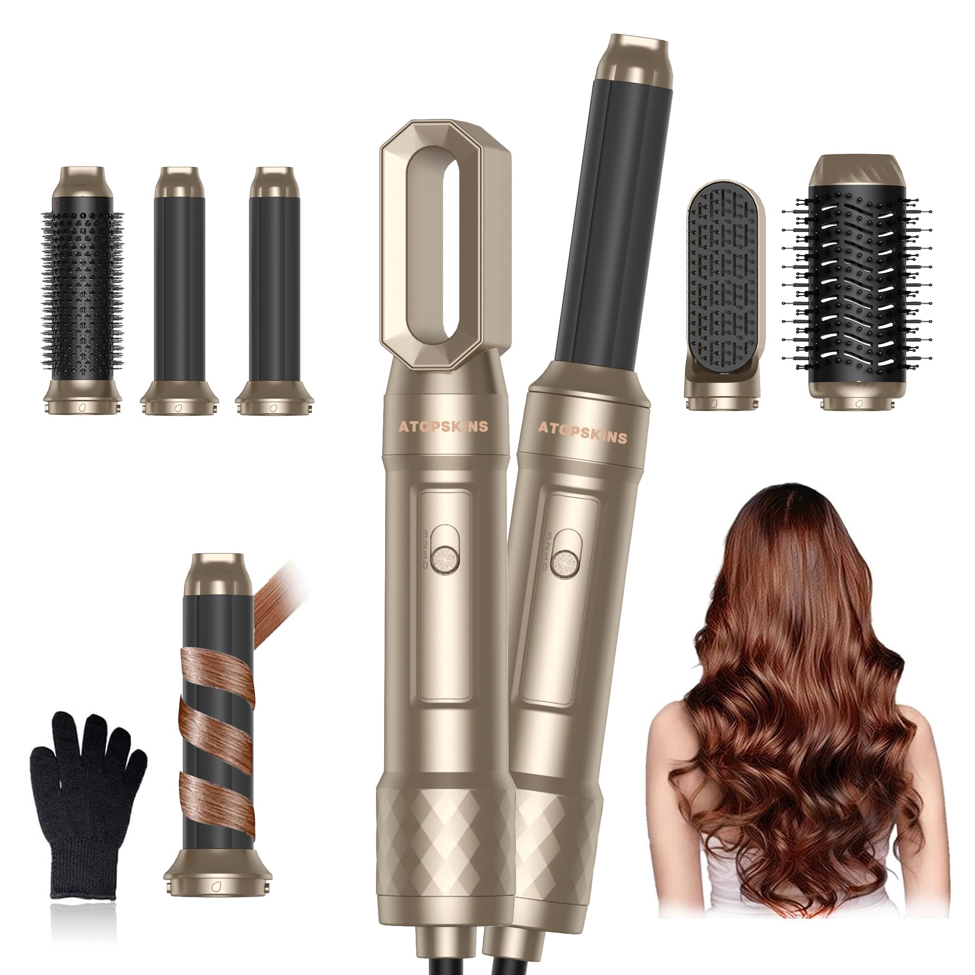 Atopskins 6 in 1 Air Styler set,Professioneller Haarstyler Set,1000W Hairstyler, Rundbürstenföhn, Lockenstab Auto-Wrap, Glätteisen, Ionen Föhn, Zum Styling, Volumisieren, Locken und Glätte