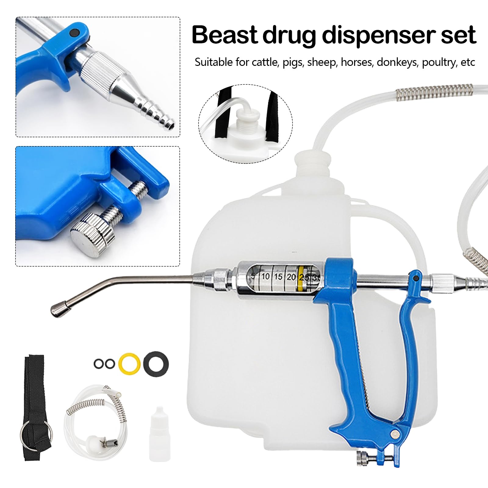 Pistola de Drench Veterinaria de Metal, Dosificación Oral 5-30 ml Ajustable Depósito 2500 ml Boquilla Acero Inoxidable Mango Antideslizante Para Vacas Cerdos Ovejas