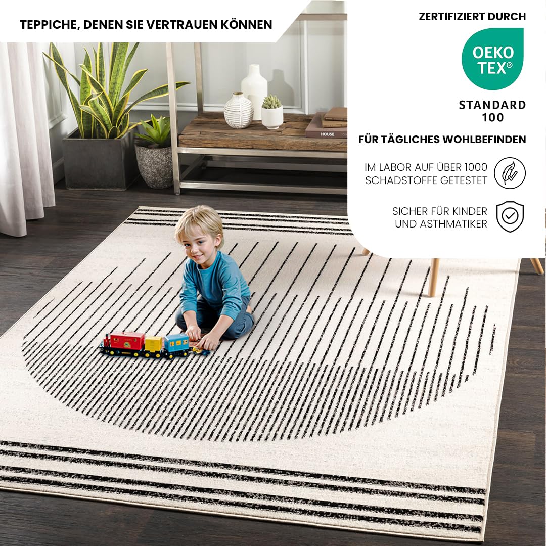 Livabliss Nairobi Teppich Wohnzimmer Boho, großer Teppich Schlafzimmer 130x170 cm - Teppiche für Esszimmer mit geometrischem Muster, Skandinavischer Wohnzimmerteppich modern in Elfenbein, Schwarz
