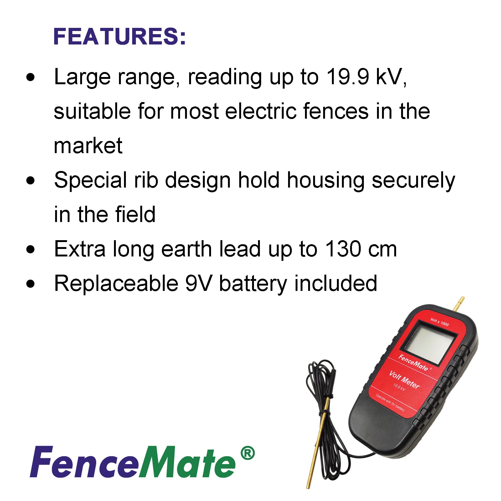 FenceMate Dispositivo de prueba digital para valla eléctrica, rango de hasta 19,900 V (19,9 kV), comprobador de vallas con gran pantalla LCD, interruptor automático de encendido/apagado, toma de