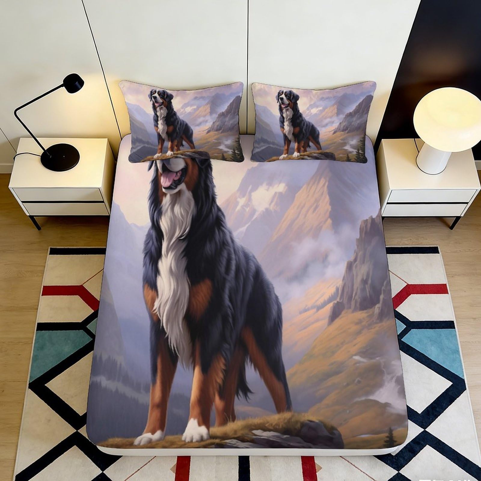 3D Printed Bernese Mountain Dog Fitted Sheet Microfiber Scenic Mountain Mattress Cover Anti-Slip Washable Decor for Bedroom Guest Room 90x200x25cm