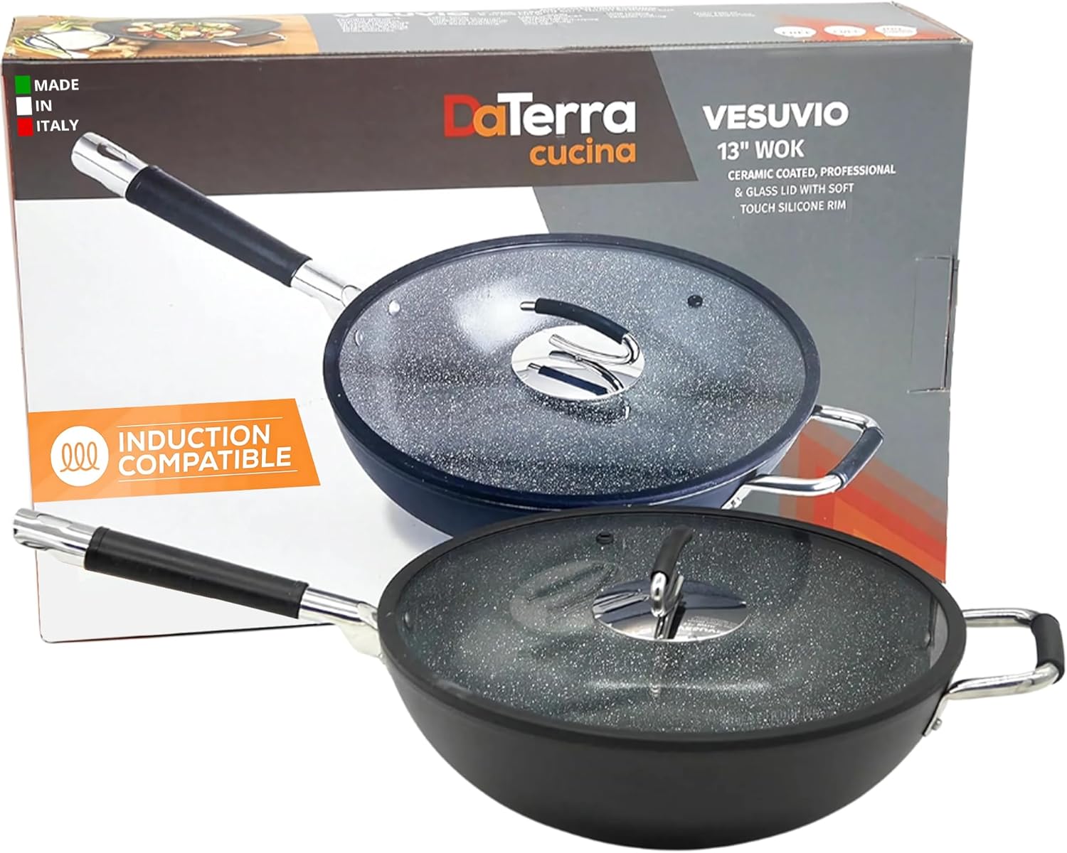 DaTerra Cucina - 13" Nonstick Ceramic Wok with Lid - Made in Italy - High Heat Resistant Nonstick Cookware - Oven & Induction Safe, PTFE, Cadmium, Lead & PFOA free - Volcanic Black Speckled