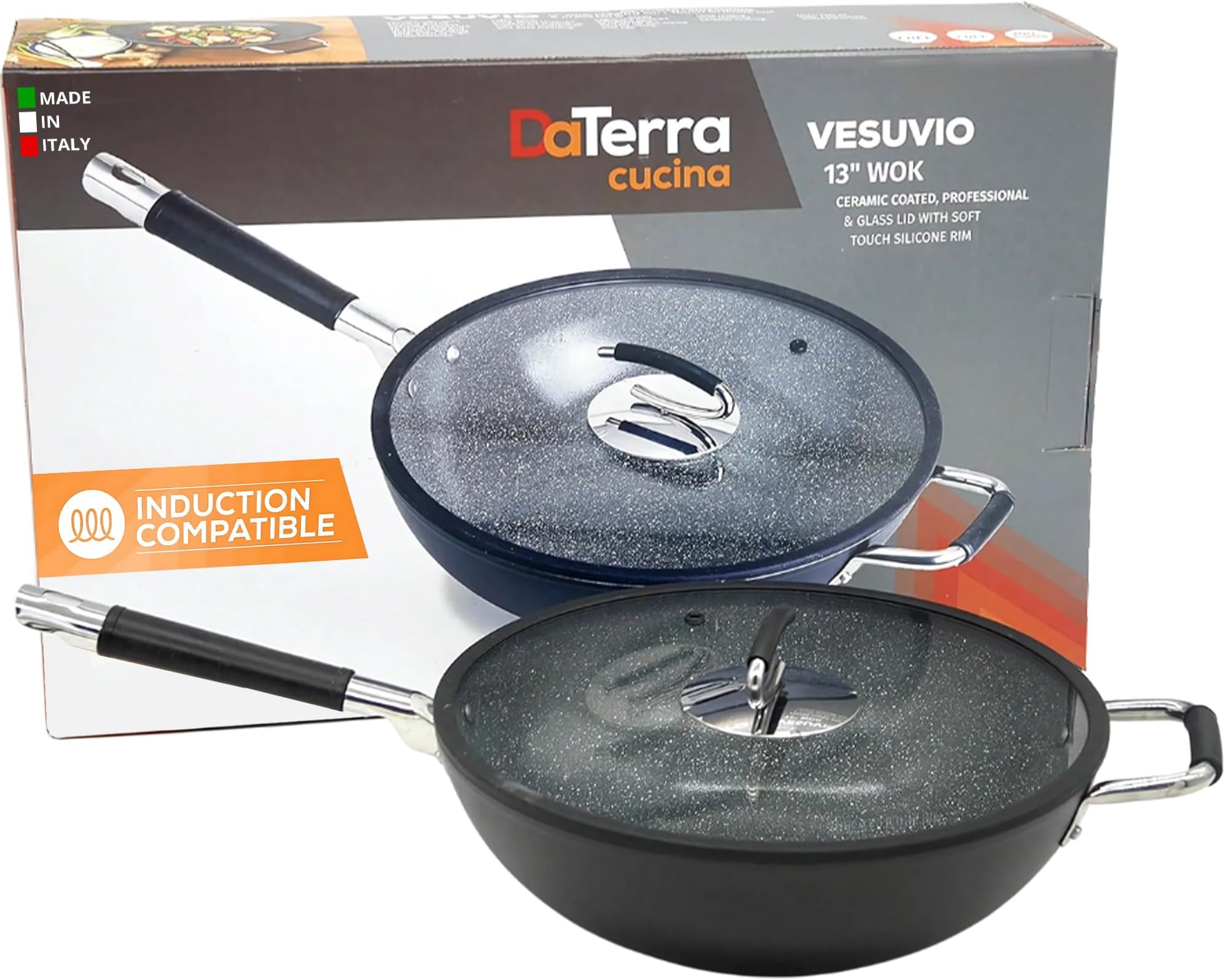 Professional 13 Inch Wok with Glass Lid | Italian Made Ceramic Nonstick Wok by DaTerra Cucina