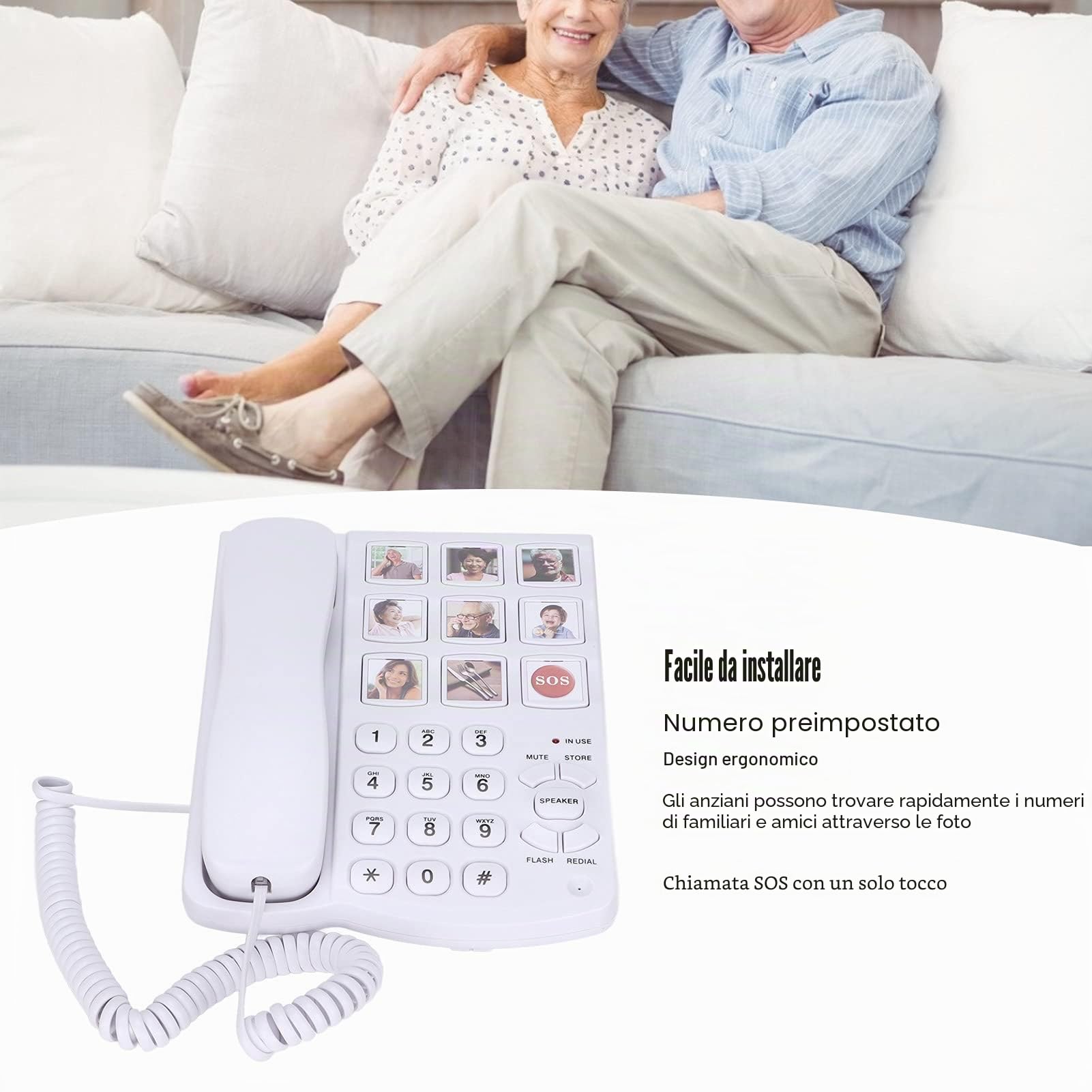 Telefono Fisso, Ld-858Hf Cablato con Pulsante Grande Telefono Fisso con Memoria Foto Telefono con Filo, Supporto per la Composizione a Tasto/Mani Libere, per Anziani