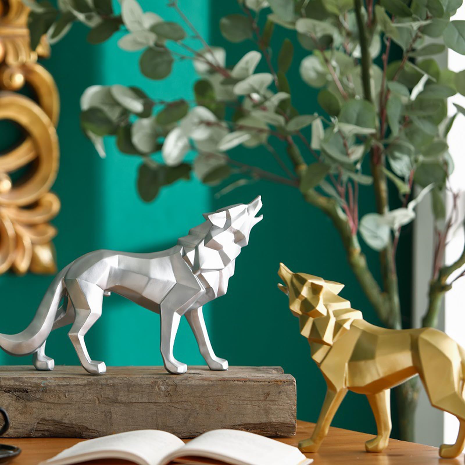 Escultura de Estatua de Lobo de Resina esculturas abstractas decoración del hogar estatuas de Animales decoración geométrica Moderna Figuras de Mesa de Mesa Adornos para gabinetes,Negro