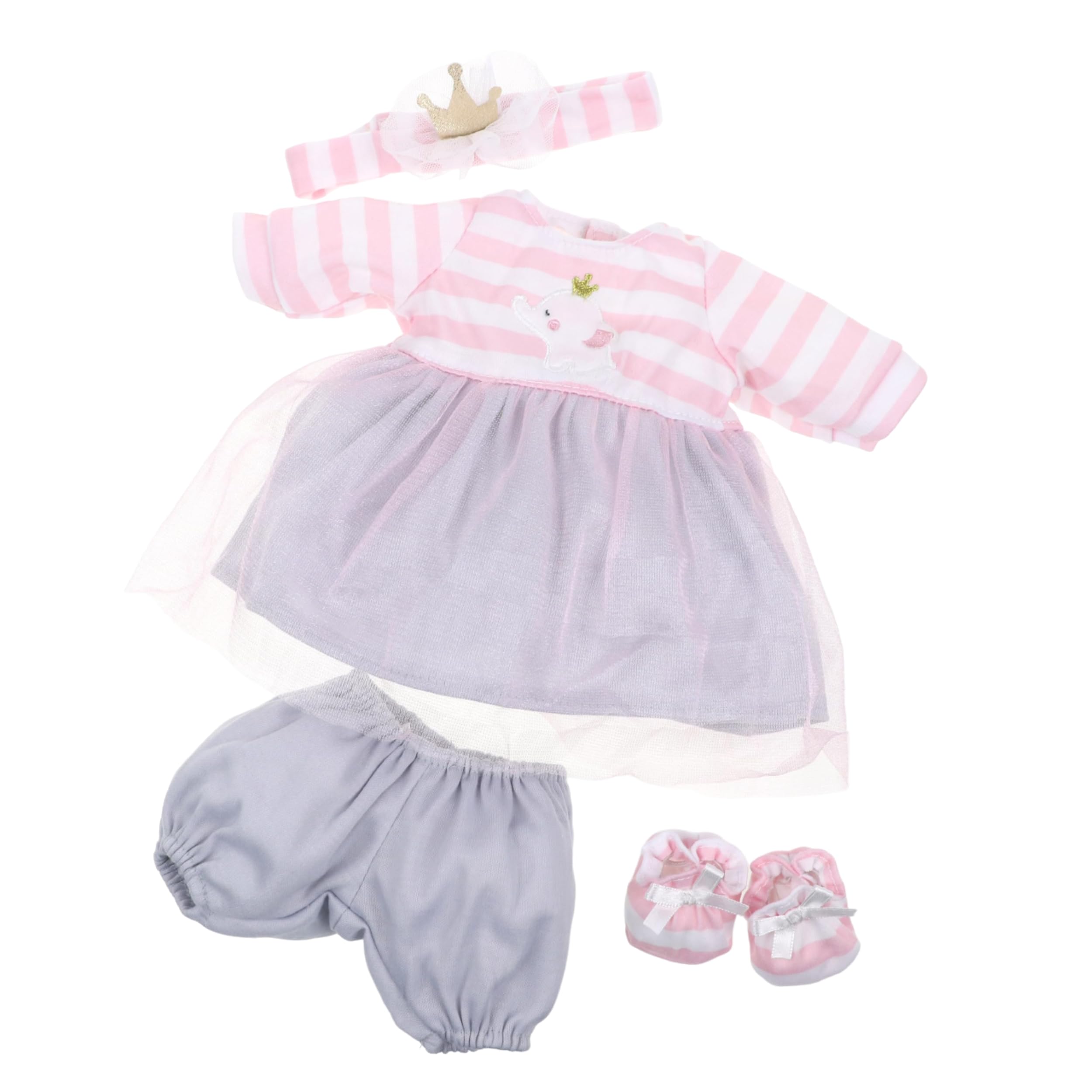 JC Toys- Conjunto Ropa muñeca de 36 hasta 40 cm, Vestido Rosa con Falda de Tul, Pantalones Cortos, Diadema y peucos, Gris, Rosa y Blanco, Outfit Extra, diseñado en España por Berenguer, +2 años