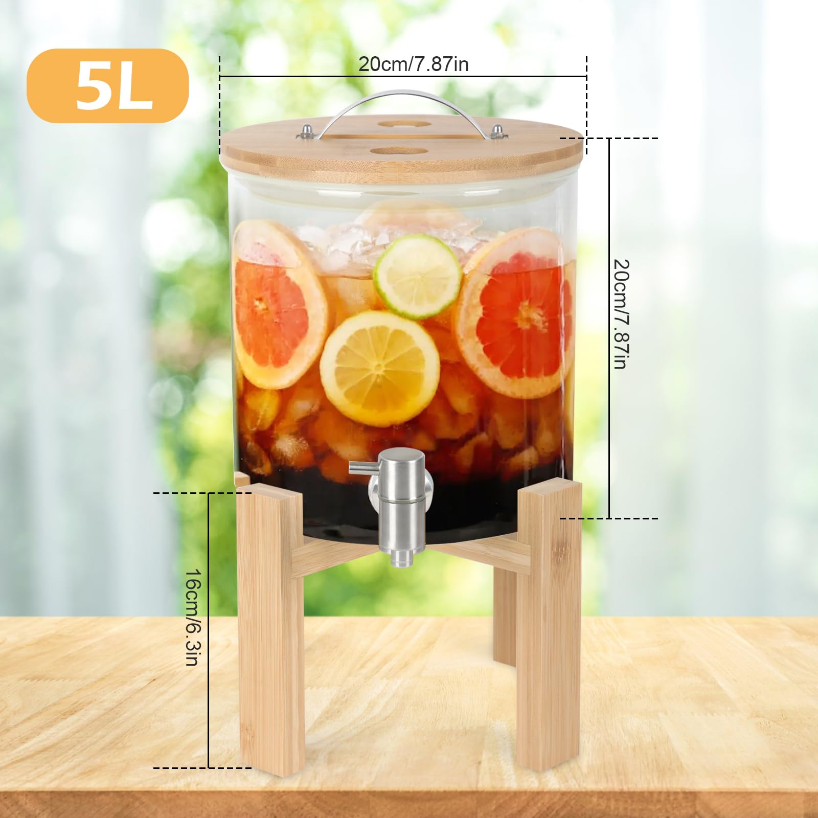 Dispensador De Bebidas de Vidrio,5L Jarra de Whisky con Grifo,Tapa y Soporte de Madera,Recipiente de Cristal,Bidón de Vidrio,para Fiestas y Eventos Sociales Vino,Licor,Limonada,Jugo