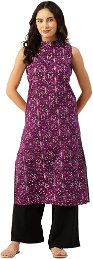 feranoid Unique Printed Choker Neck Back Button Sleeveless Long Kurti
