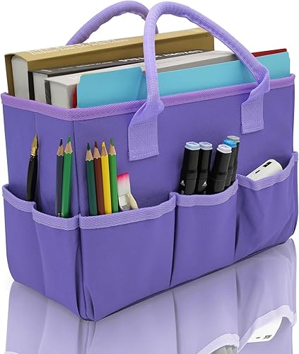 Bolsa organizadora de almacenamiento para suministros de arte y manualidades con bolsillos, bolsa Oxford púrpura para artistas, niños, profesores