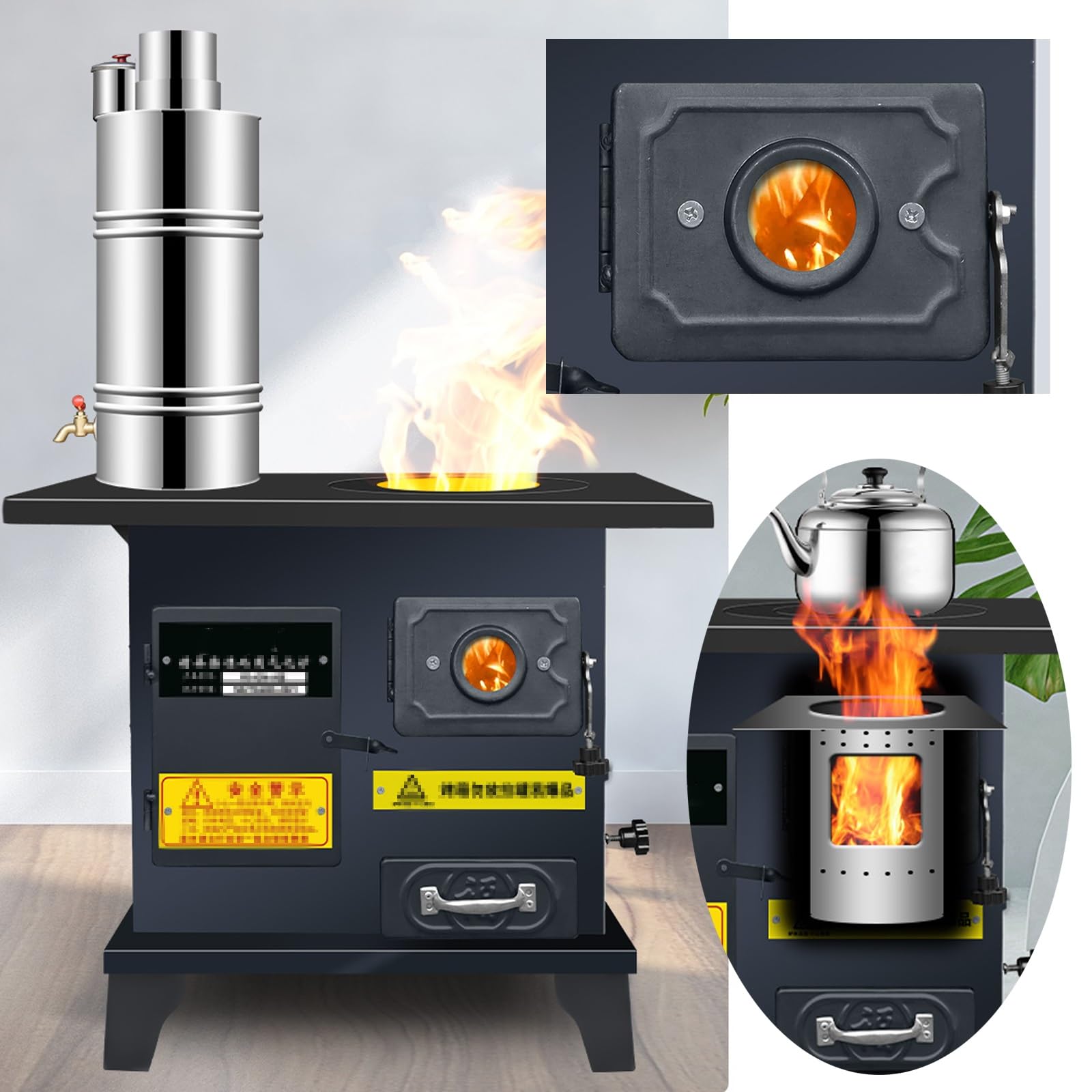 Stufa a Legna a Gassificazione con Serbatoio Dell'acqua, Doppio Forno e Riscaldamento Per 10 M², Stufe a Legna In Ghisa Senza Fumo per Casa, Baita, Tenda e Attività All'aperto