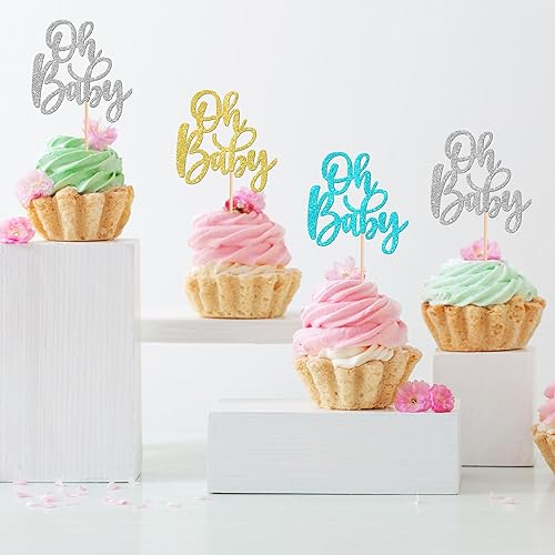 Miniatura 50 de 1 pieza de decoración de pastel Oh Baby Shower con purpurina para baby shower, bautismo, revelación de género de bebé, decoración de pastel