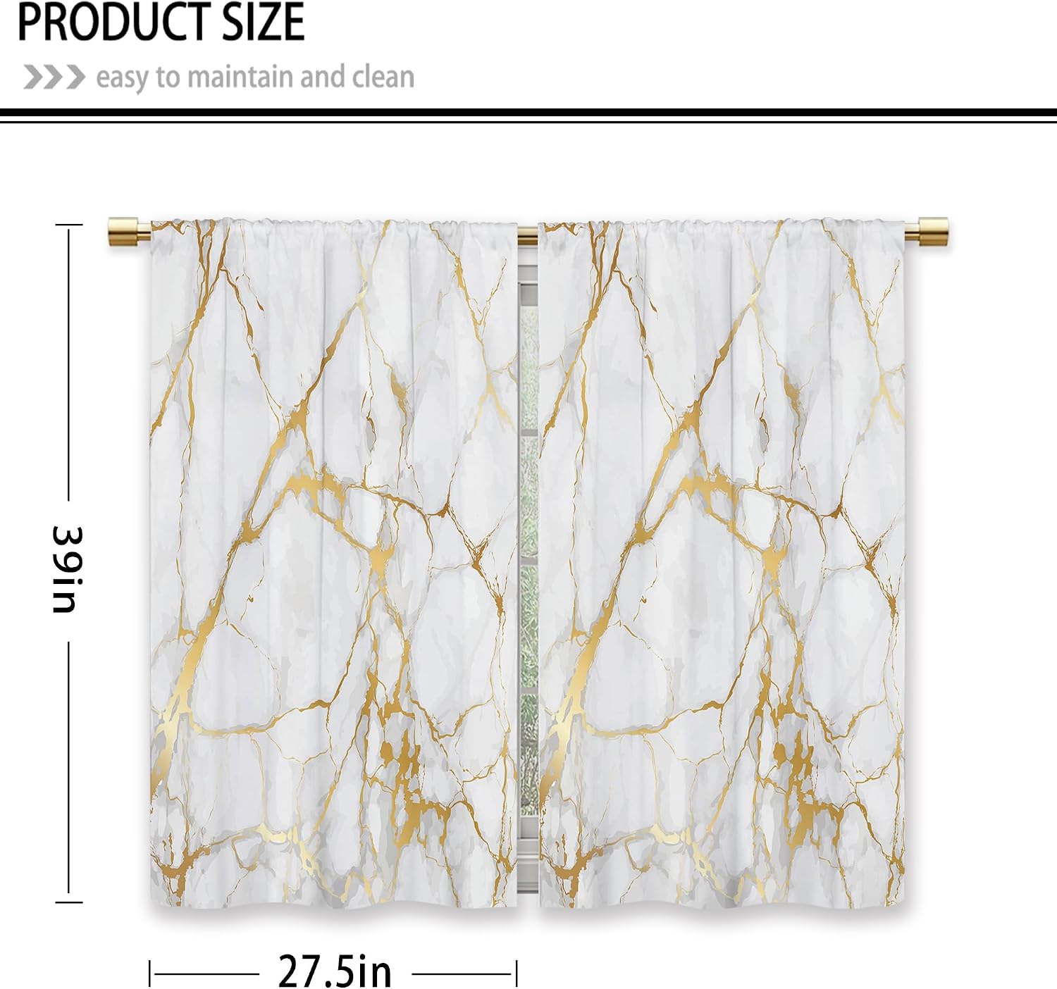 Gold Marble Kitchen Curtains Golden Luxury Abstract Small Short Cafe Window Curtains White Modern Texture ink Rod Pocket Bathroom Window Drapes Treatment Tier Curtains 2 Panels (27.5x39 Inch) image 2