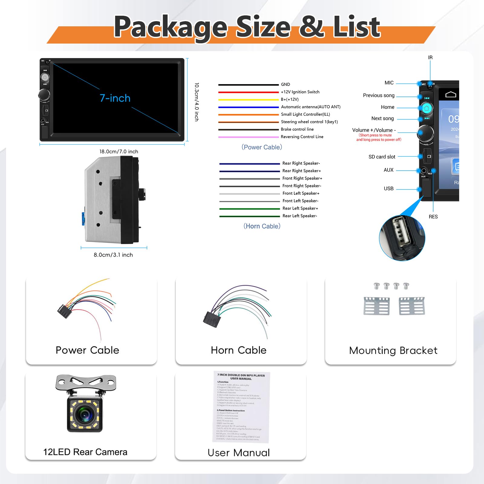 Autoradio 2 Din con Bluetooth, 7 Pollici Mirror Link Stereo Auto con Schermo USB FM Radio AUX TF Controllo del Volante Collegamento Mirror per Telefono Android/iOS + Telecamera Posteriore