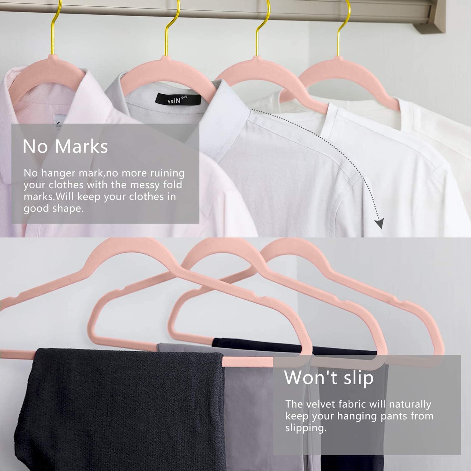Rutschfeste Samt-Kleiderbügel mit 360-Grad-Drehgelenk, platzsparendes Design und Schnittkerben, für Mantel, Hose, Hemd, Camisole Beige