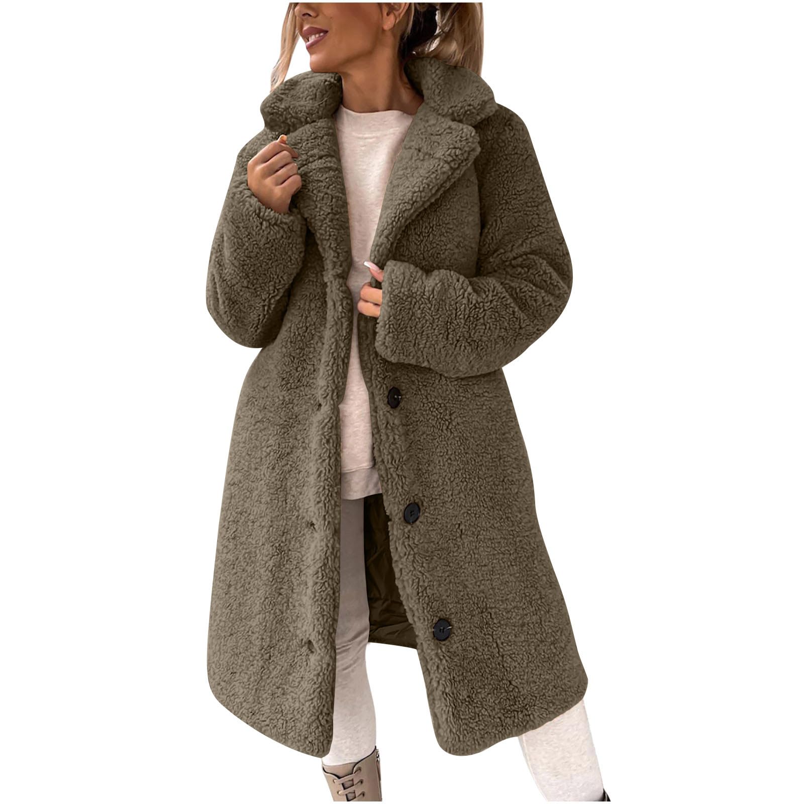 Womens Long Fleece Sherpa Jacket Collar Trench Coat Fuzzy Button Down Jacket Fall Winter Fashion Casual Warm Coats