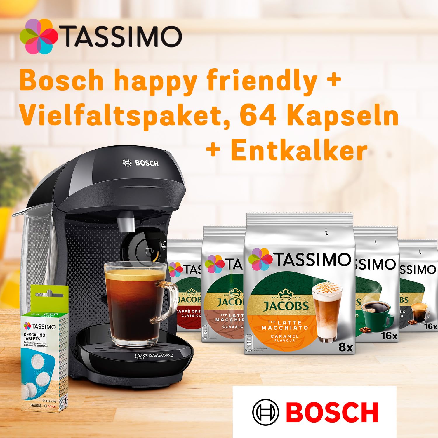 Bosch Tassimo happy friendly Kapselmaschine TAS102EA mit Tassimo Kapseln Probierbox, Vielfaltspaket, 64 Pads