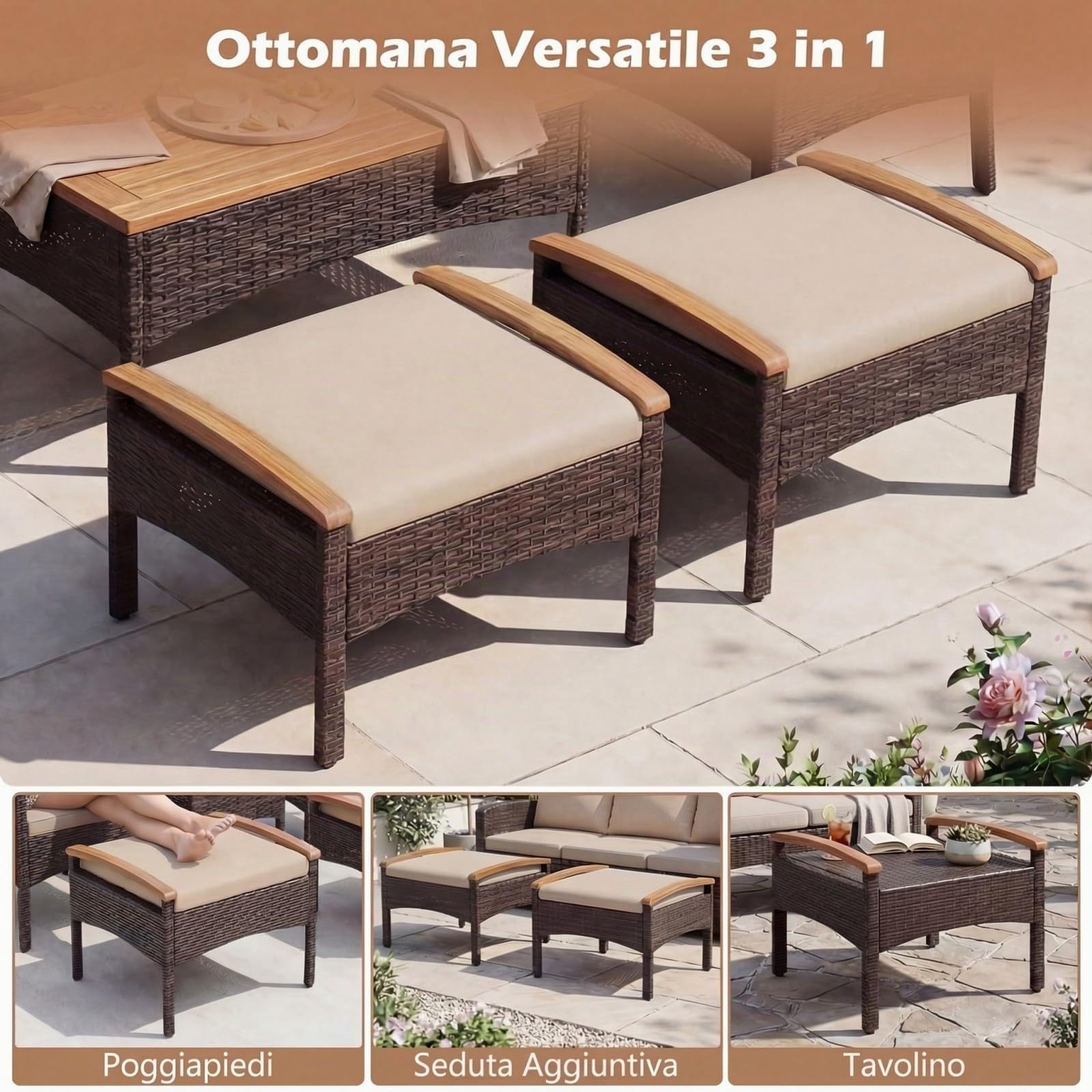COSTWAY Set Salotto da Giardino in Rattan da 5 Pezzi con 2 Ottomane Marrone