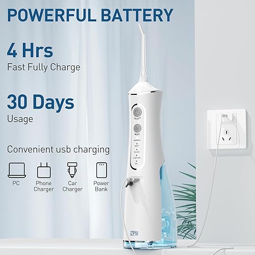 Miniatura 5 de ZPN Palillos de agua para limpieza de dientes y hilo dental con 5 puntas de chorro reemplazables, IPX7 impermeable irrigador dental portátil y
