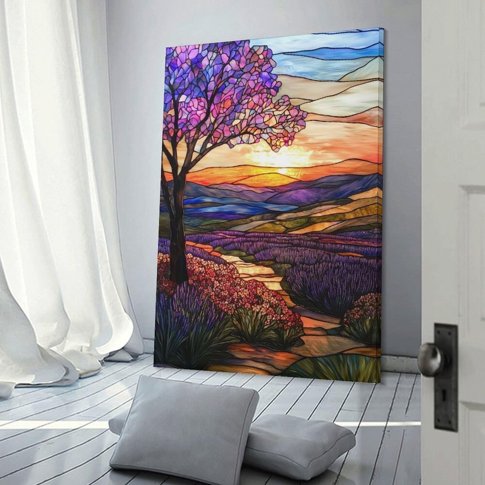 Junmoney Stained Glass Sunset Landscape Wall Art Print, 12x18inch(30x45cm), for Study, Office Or Focused Interiors, Home Office Artwork with Decorative Appeal