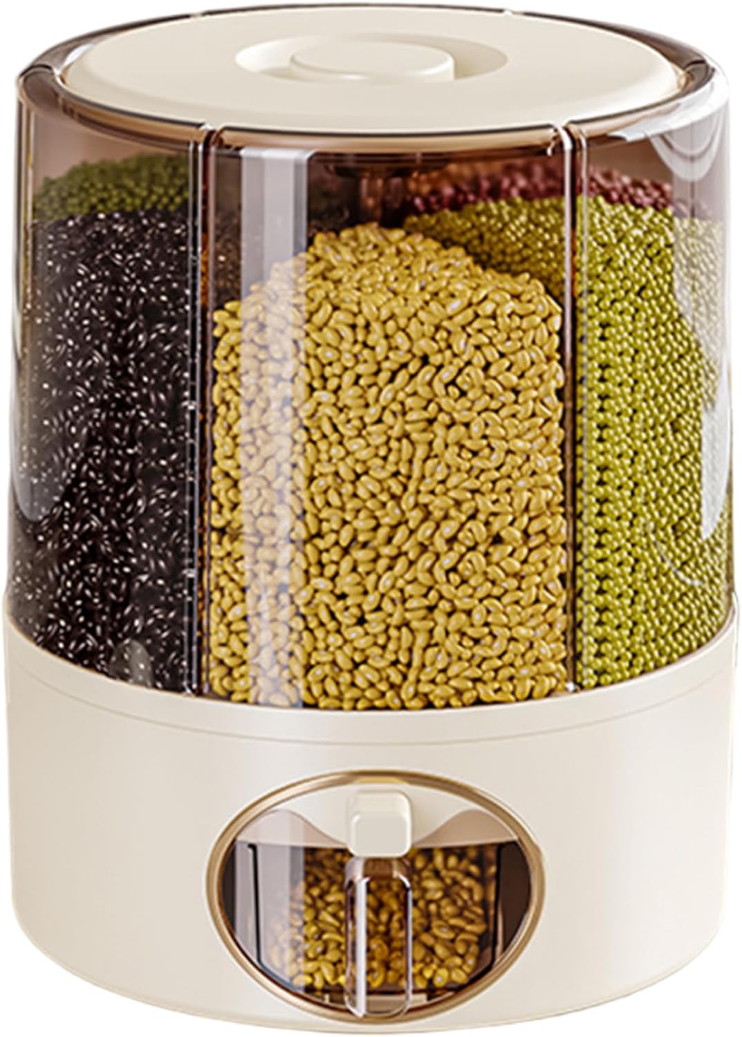 Grain Dispenser, 360° Rotating Clear Rice Bucket with 6 Compartment, One-Click Output Cereal Dispenser with Lid for Kitchen, 9.25x11.02 inch, Kitchen Storage Organisation