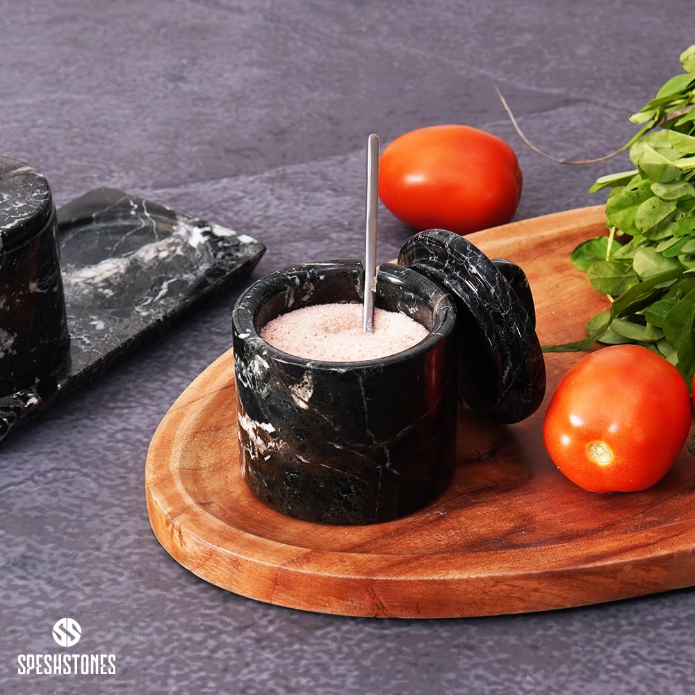 SPESHSTONES Salières avec couvercle et plateau 3” pouces – Contenants à sel faits à la main pour comptoir – Pot à sel avec couvercle pour table de cuisine