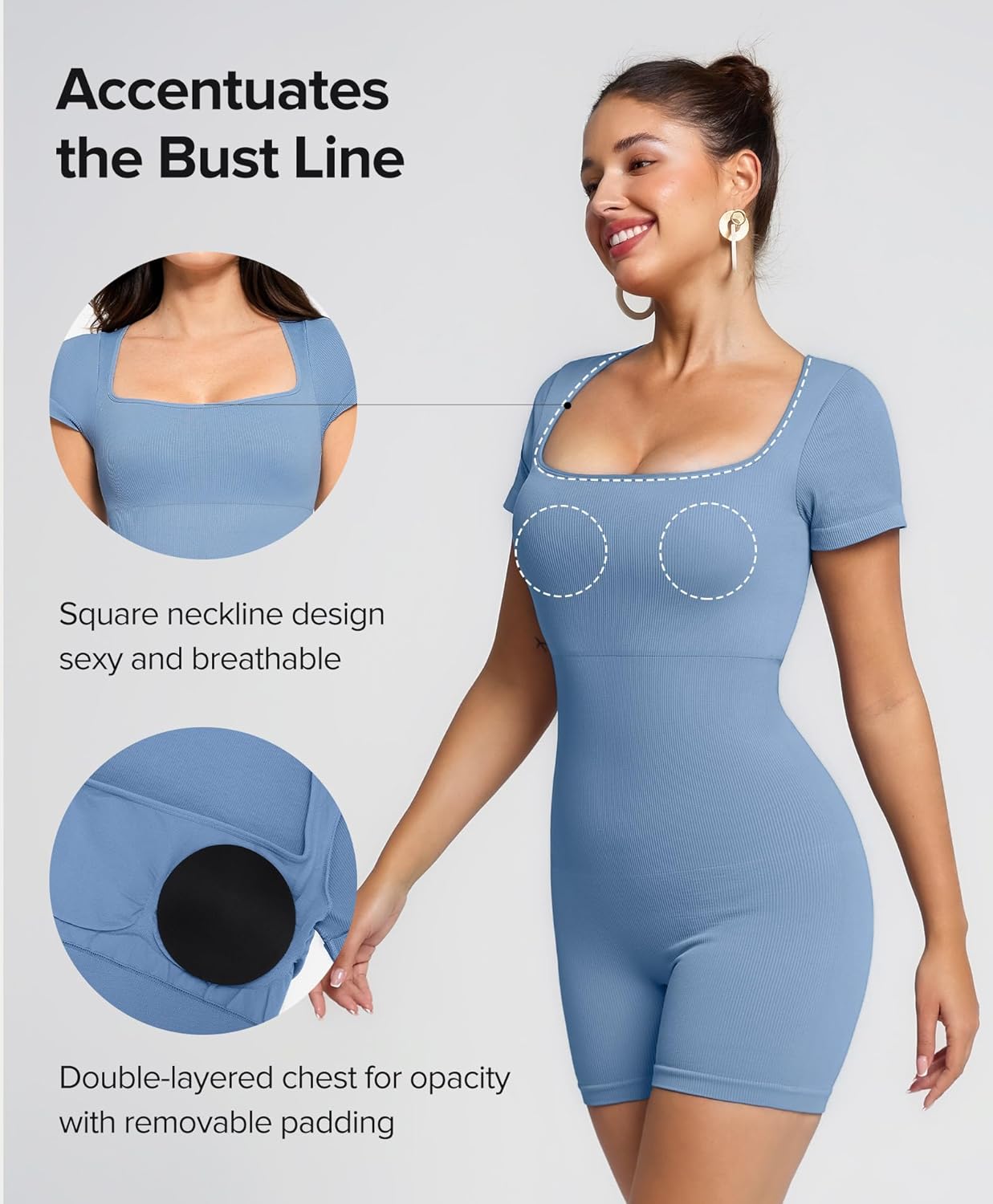 BRXL Rompers for Women Short Sleeve Ribbed Jumpsuits One Piece Tummy Control Jumpers Square Neck Romper - Image 3