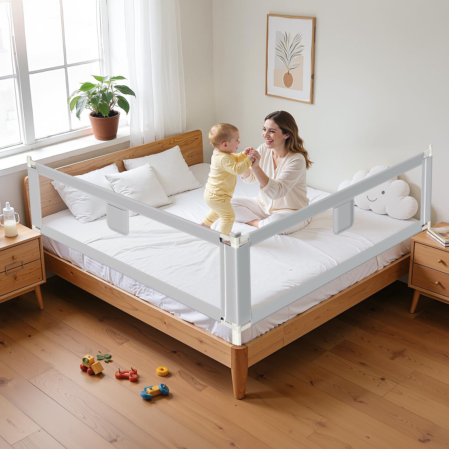 Barrera de cama de 180 x 80 cm – Altura ajustable con cierre de seguridad, barandilla resistente para cuna y cama de padres, un lado, gris