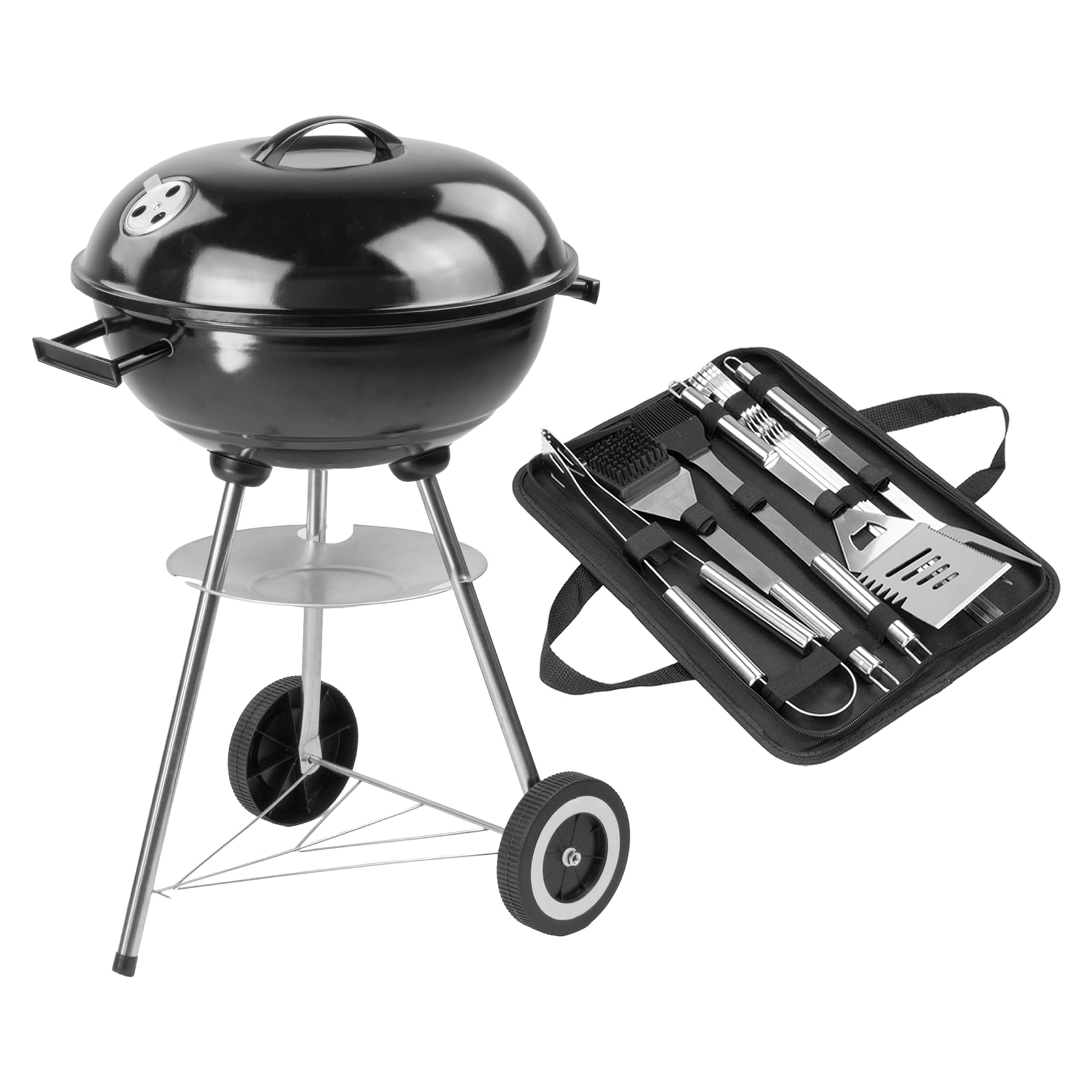 Kct Black Compact Kettle Bbq With Tool Set, Round Portable Barbecue With Lid & Wheels For Outdoor Cooking