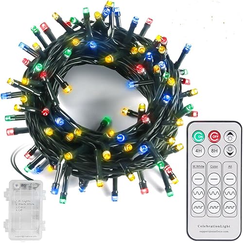 Luces de Navidad de 50 pies con 100 luces LED a pilas con temporizador remoto, impermeable, 9 modos de cambio blanco cálido y multicolor, luces de