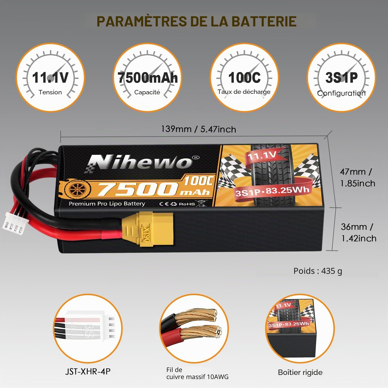 Lot de 2 Batteries Lipo 3S 11,1 V 7500 mAh 100C 3S boîtier Rigide Lipo connecteur XT90 Compatible avec Les camions de Voiture RC 1/8 1/10, Les véhicules Truggy, Les modèles d'avions de