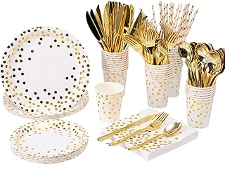 200 Pcs Premium Plastic Dinnerware Set for 25 Guests, Reusable Gold Cutlery & Tableware for Party & Wedding, Includes 25 D...