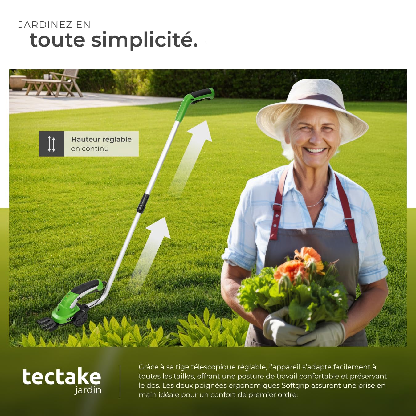 tectake® Taille haie Batterie Cisaille de Jardin Cisailles à Gazon Coupe Bordure Batterie avec 2 Lames différentes, Manche téléscopique et Chargeur 7,2V Batterie Lihtium ION Taille Herbe