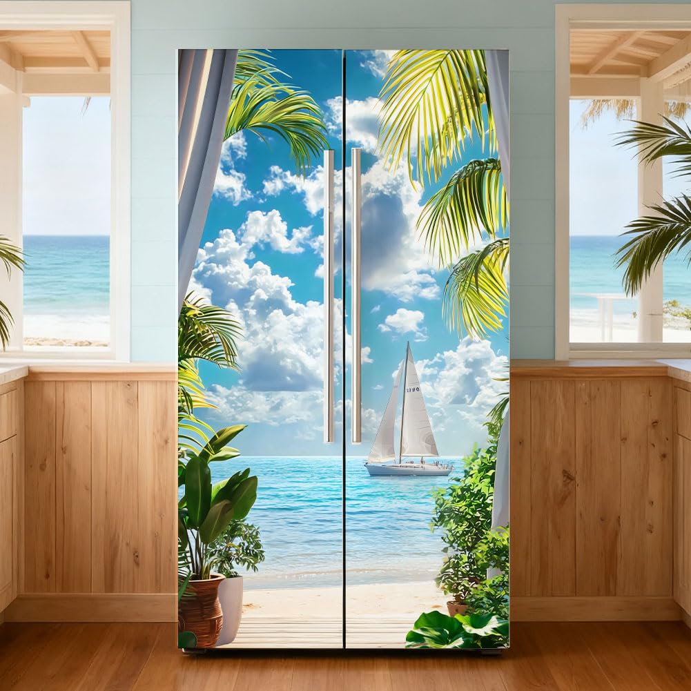 GOMAKERER 2 Pcs Tropical Beach Removable Refrigerator Wraps, Self-Adhesive Fridge Door Mural Vinyl Freezers Panel Cover Sticker for Kitchen Bar Decor, 41.5x200cm