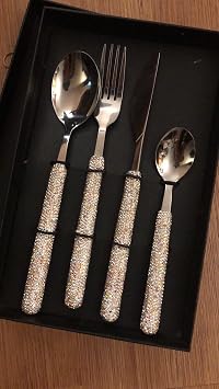 TISHAA Rhinestone Crystal Dazzling Kitchenware Culinary Cooking Utensils, Spoon, Knife, Fork SET White