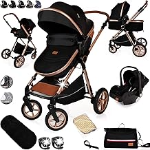 Baby Buggy Pram Pushchair Stroller 3 in 1 Child Lightweight Folding Stroller 3 in 1 Travel System Pram for Newborns & Toddlers from Birth (Black Gold)