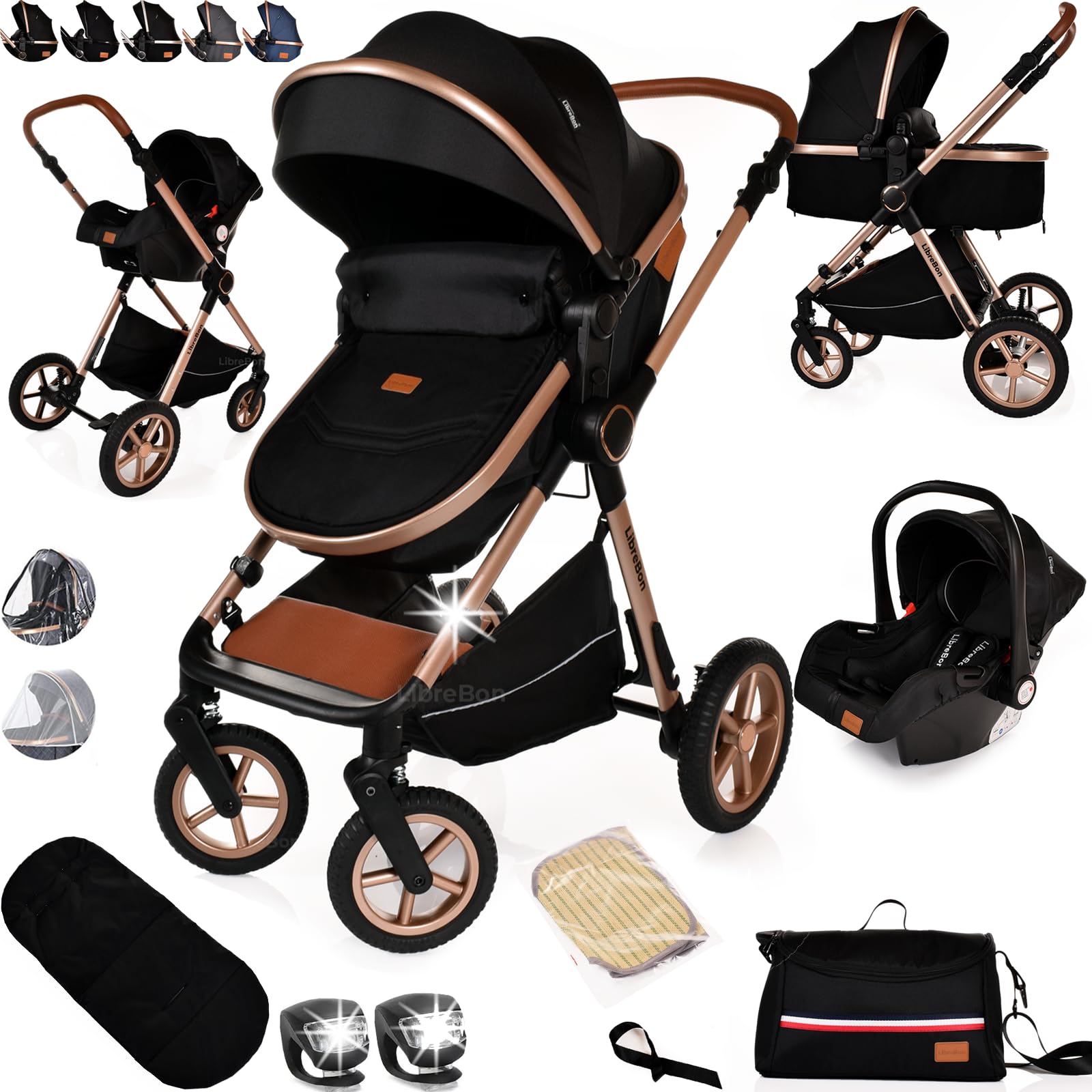 Baby Pram with Car Seat Lightweight Buggy Stroller Foldable Pushchair 3 in1 Baby Travel System Newborn Toddlers (Black - Rose Gold)